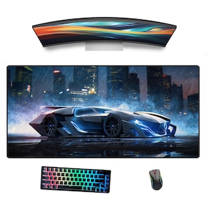 Custom Desk Mat, Custom Mouse Pad, Personalized Mouse Pad, Custom Gamer Desk Pad, Minimalist Handmade Downtown Hyper Car Blue Anime Desk Mat