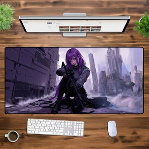 Cyberpunk Sniper Girl Desk Mat - XL XXL Oversized Gaming Mouse Pad, Futuristic Anime Decor, Tactical Office Setup for Gamers