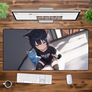 アニメ猫娘デスクマット - かわいい猫をモチーフにしたゲーミングマウスパッド、XL XXL特大デスクマット、かわいいデスク装飾