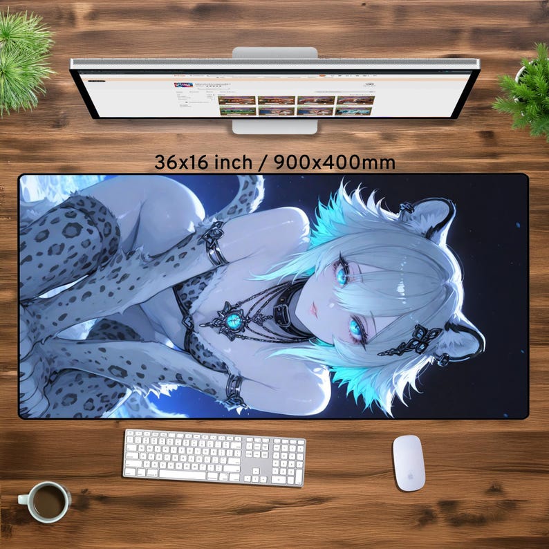 May include: A large mousepad featuring a digital illustration of a woman with long white hair and blue eyes. She is wearing a white and gray patterned outfit and a silver necklace with a blue gem. The background is a dark blue with white stars. The mousepad is 36x16 inches or 900x400 millimeters.
