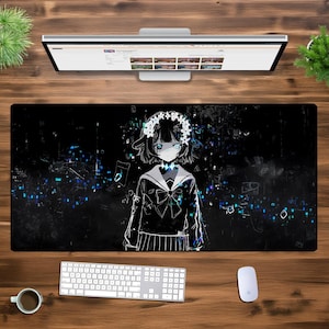 Glitchcore Anime Girl XXL Gaming Mouse Pad, Dark Aesthetic Desk Mat, Cyberpunk Art, Large Non-Slip Keyboard Mat, Vaporwave Gamer Setup