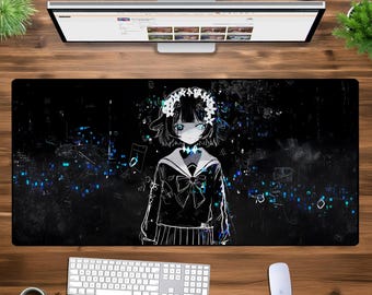 Glitchcore Anime Girl XXL Gaming Mouse Pad, Dark Aesthetic Desk Mat, Cyberpunk Art, Large Non-Slip Keyboard Mat, Vaporwave Gamer Setup