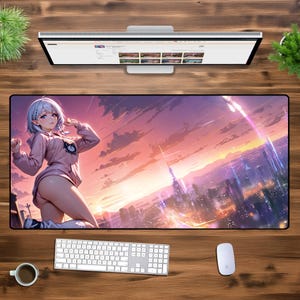 Anime Girl XXL Gaming Mousepad – Aesthetic Sunset Cyber City Desk Mat | Large Extended Mouse Pad | Otaku PC Setup & Anime Desk Decor