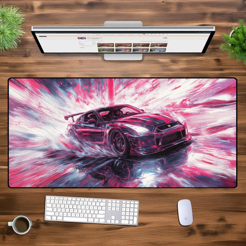 May include: A pink and white abstract design with a red sports car driving through the center of the design. The car is a Nissan Skyline GT-R.