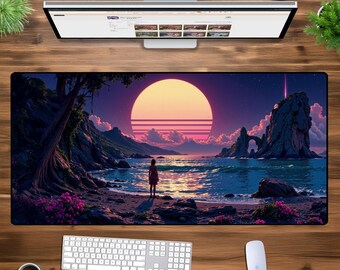 Tapis de souris XXL rétro Sunset Beach - Tapis de bureau de jeu Vaporwave, paysage tropical de rêve, grand tapis de souris étendu pour la configuration de bureau et d'ordinateur