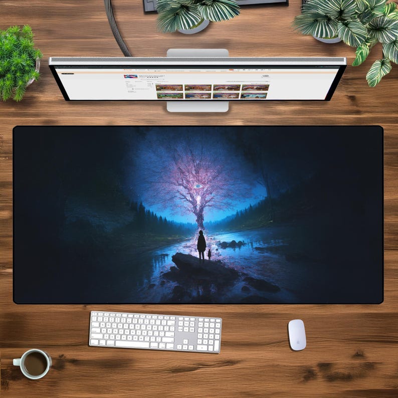 May include: A dark blue and black mouse mat with a fantasy landscape featuring a glowing tree and a lone figure standing in the foreground.