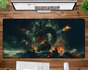 Dragon Ship XXL Gaming Mouse Pad – Epic Fantasy Pirate Desk Mat, Large Extended Playmat, Sea Monster Battle Mousepad for Gamers & RPG Setup