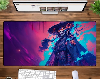 Dark Neon Skull Warrior XXL Mouse Pad - Oversized Gaming Desk Mat, Futuristic Fantasy Art, Large Extended Mousepad for Office & PC Setup