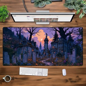 XXL Gothic Cemetery Mouse Pad, Large Desk Mat with Haunted Graveyard Scene, Extended Keyboard and Mouse Mat for Gamers, Horror Fans