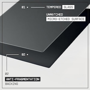May include: A layered, angled view of a dark gray tempered glass product. The top layer is labeled "TEMPERED GLASS" and "MICRO-ETCHED SURFACE." The bottom layer is labeled "ANTI-FRAGMENTATION BACKING."