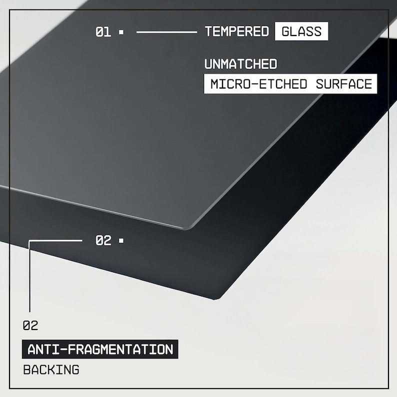 May include: A layered, angled view of a dark gray tempered glass product. The top layer is labeled "TEMPERED GLASS" and "MICRO-ETCHED SURFACE." The bottom layer is labeled "ANTI-FRAGMENTATION BACKING."