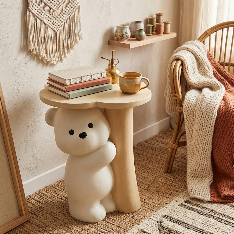 May include: A whimsical side table featuring a white bear base supporting a light wood-colored tabletop. The table holds books and a mug. The bear has black eyes and a friendly expression. The table is on a woven rug.