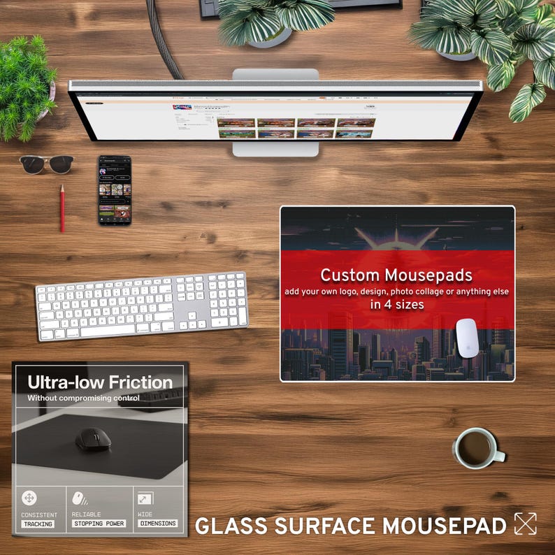 May include: A top-down view of a wooden desk with computer accessories. A large monitor, keyboard, and mouse are visible. A mousepad with the text "Custom Mousepads" is displayed. The mousepad is black with a cityscape design. The text "Ultra-low Friction" is also visible.