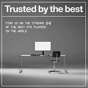 May include: A modern office setup featuring a computer monitor, keyboard, and mouse on a minimalist desk. A black office chair is positioned nearby. The text "Trusted by the best" and other text is displayed above the desk.