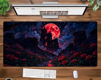XXL Gothic Castle Mouse Pad - Large Gaming Desk Mat - Dark Fantasy Extended Mousepad - Blood Moon Mouse Pad - Aesthetic Desk Mat