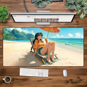 アニメビーチガール XXL マウスパッド - 夏の美的デスクマット、大型拡張ゲーミングマット、トロピカルバケーションデコレーション、かわいいワイフキーボードパッド