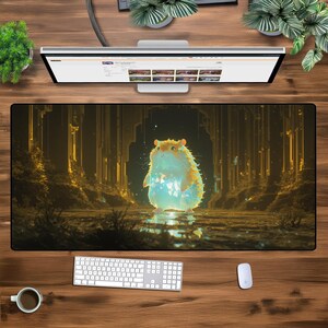 May include: A large rectangular desk mat featuring a digital illustration of a glowing hamster in a fantasy setting. The hamster is orange and blue, standing in a golden-lit forest. A keyboard, mouse, and monitor are visible.