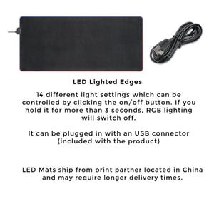 May include: Black rectangular LED mouse pad with red edges and a USB cable. The text "LED Lighted Edges" is displayed. It has 14 light settings controlled by an on/off button. RGB lighting turns off after 3 seconds.