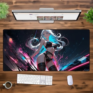 Cyberpunk Anime Girl XXL Gaming Mousepad – Neon Aesthetic Desk Mat | Large Extended Mouse Pad | Otaku PC Setup & Gamer Room Decor