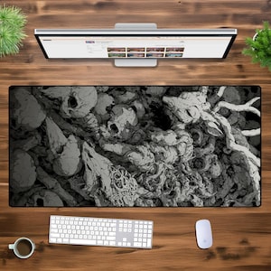 Tapis de souris gaming XXL Dark Gothic Skull XXL – Tapis de bureau noir et blanc horreur pour PC, bureau et gamers | Grand tapis allongé esthétique sinistre