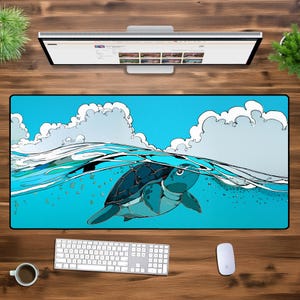 May include: A blue and green cartoon turtle swimming in a blue ocean with white clouds in the sky. The turtle is swimming towards the right side of the image.