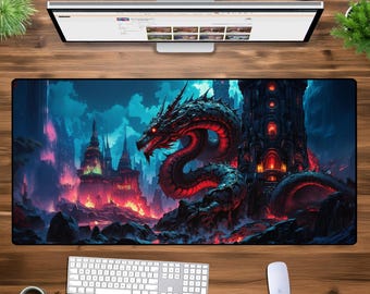 Epic Dragon Fortress Schreibtischunterlage, Fantasy Art Mauspad, XL XXL Gaming Schreibtischunterlage, übergroße Fantasy Schreibtischmatte, Bürodeko mit Drachenmotiven