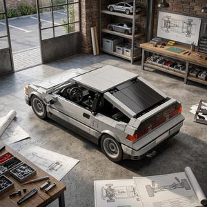 May include: A light gray model car with black accents, parked in a garage setting. The car has a black roof panel and orange taillights. Blueprints and tools are scattered around the car, suggesting a hobby or project.