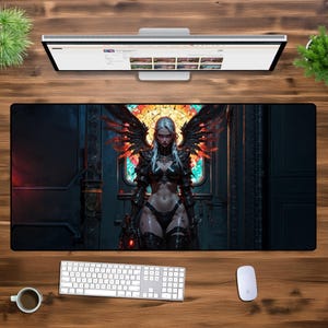 Dark Angel Gaming Desk Mat XXL – Gothic Cyberpunk Mouse Pad, Warrior Angel Art, Oversized Extended Office Mat for Gamers & Aesthetic Setups