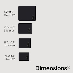 May include: Four black rectangular mouse pads with a mouse on each, displayed with their dimensions. The largest pad is 17.7 x 15.7 inches (45 x 40 cm), and the smallest is 10.2 x 8.3 inches (26 x 21 cm). The word "Dimensions" is at the bottom.