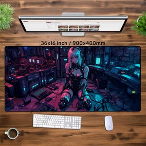 May include: A large mouse pad with a cyberpunk theme. The mouse pad features a woman with pink hair and a black outfit standing in a futuristic setting with neon lights. The text "36x16 inch / 900x400mm" is printed on the mouse pad.