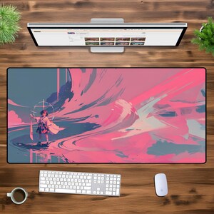 Vibrant Anime Waves Desk Mat - Abstract Gaming Mouse Pad, XL XXL Oversized Desk Pad, Artistic Anime Desk Decor for Gamers