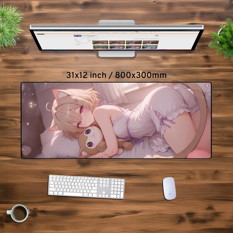 May include: A pink and white anime-style mouse mat featuring a girl with long blonde hair and pink eyes, wearing a white nightgown and holding a small plush animal. The mouse mat is 31x12 inches or 800x300mm.