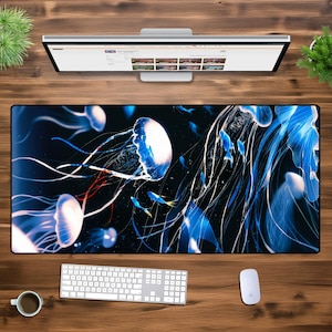 Jellyfish Ocean XXL Gaming-Mauspad, ästhetische Unterwasser-Schreibtischmatte, Biolumineszierende Meereskunst, große rutschfeste Tastaturmatte, Blauwasser-Einstellungen