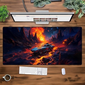 Apocalypse Racer XXL Gaming Mousepad - Large Extended Desk Mat - Sci-Fi Lava Road, Futuristic Car Art, Non-Slip Rubber Base