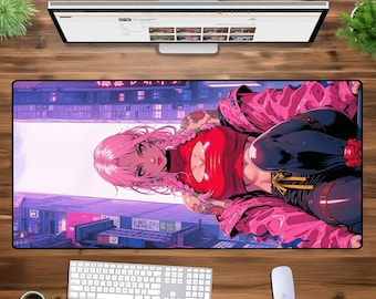Cyberpunk Girl Desk Mat - Futuristic Gaming Mouse Pad, Neon Aesthetic Desk Pad, XL XXL Oversized Desk Mat for Gamers and Sci-Fi Fans