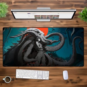 Tapis de souris gamer Lovecraftian Horror XXL - Tapis de bureau Octopus anime foncé pour PC, bureautique et joueurs | Configuration étendue du grand tapis de clavier