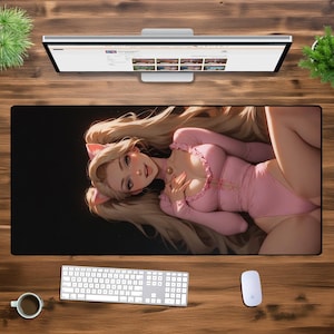 かわいい猫娘 XXL デスクマット – かわいいアニメゲーミングマウスパッド、ソフトピンクの美的、大型拡張 PC パッド、オタクゲーマーデスクセットアップ装飾