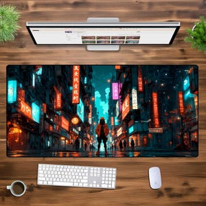 Cyberpunk Cityscape Desk Mat, Neon Night Mouse Pad, Large Desk Pad XL XXL, Oversized Gaming Desk Mat, Futuristic Desk Decor