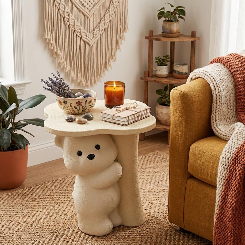 May include: A whimsical, cream-colored side table with a bear-shaped base. The table's top is adorned with a bowl of lavender, decorative stones, a lit candle, and a stack of small wooden cards. The table is placed on a woven rug, next to a yellow sofa.