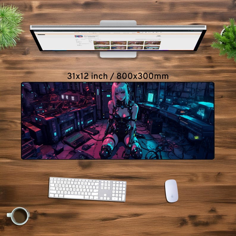 May include: A large, colorful mousepad featuring a cyberpunk-themed illustration of a woman in a futuristic outfit, standing in a dimly lit, industrial setting. The mousepad measures 31x12 inches or 800x300mm.