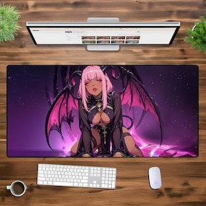サキュバスアニメゲーミングマウスパッド - XXLデスクマット、ダークファンタジー悪魔ガール、ゴシック美学、ピンク髪のワイフ、大型PCゲーマーパッド、キュートでスパイシー
