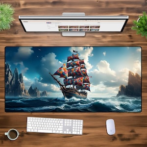 XXL Schreibtischunterlage Piratenschiff, Großes Gaming Mauspad, Ocean Adventure erweiterte Tastatur, Fantasy Segeln Ästhetik Schreibtischunterlage