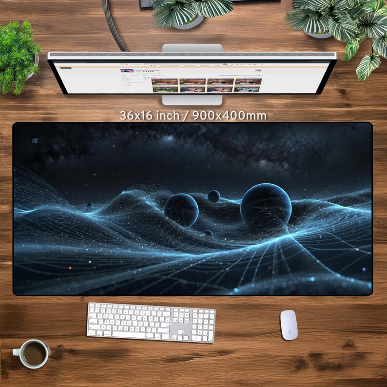 May include: A black and blue galaxy-themed mousepad with a 3D effect of a glowing, swirling nebula. The mousepad is 36 inches by 16 inches, or 900 millimeters by 400 millimeters.