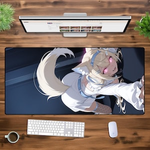 アニメ猫娘デスクマットXXL、大型ゲーミングマウスパッド、かわいい猫娘マウスパッド、美しいアニメデスク装飾、拡張ノンスリップキーボードパッド