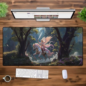 Fantasy Unicorn XXL Desk Mat – Enchanted Warrior Gaming Mouse Pad, Mystical Horse Art, Large Extended PC Pad, Magic Forest Office Decor