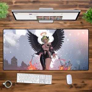 Dark Angel Girl Anime XXL Gaming Mouse Pad – Fallen Angel Desk Mat – Extended Keyboard Mat – Gothic Fantasy Mousepad – Edgy Aesthetic Decor