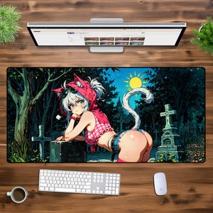 アニメ猫娘 XXL ゲーミングマウスパッド – ゴシックファンタジーデスクマット、大型拡張プレイマット、ゲーマー向けかわいいネコワイフマウスパッド、美的セットアップ