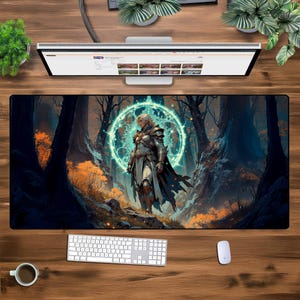 XXL Fantasy Gaming Mauspad, große Schreibtischmatte mit mystischem Krieger, erweiterte Tastatur und Mausmatte für PC Gamer und RPG Liebhaber