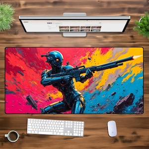 Cyberpunk Mecha Warrior XXL Desk Mat – Futuristic Sci-Fi Battle Mouse Pad, Neon Aesthetic Gaming Setup, Large Extended Office Decor