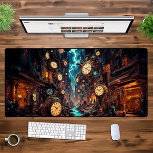 Puede incluir: Un tapete de ratón de temática fantástica colorido con una ciudad y una imagen de reloj. El tapete de ratón tiene un fondo oscuro con una variedad de relojes y engranajes, y una ciudad en el fondo. El tapete de ratón es perfecto para jugadores y cualquiera que quiera agregar un toque de fantasía a su escritorio.